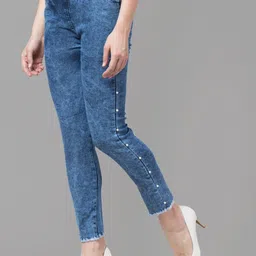 NEUNK Women Comfort Slim Fit Mid-Rise Heavy Fade Stretchable Embellished Jeans image 4