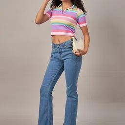 R.Code by The Roadster Life Co. Striped Shirt Style Crop Top image 2