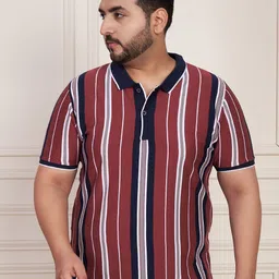 Men Striped Polo Neck Cotton Blend Maroon T-Shirt-image-7