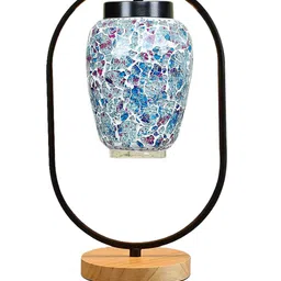 Devansh Blue & White Abstract Glass Wooden & Iron Table Lamp image 3