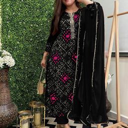 GoSriKi Bandhani Printed Straight Kurta with Trousers & Dupatta-picture-43
