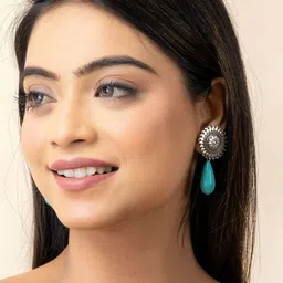 Look and Adorn German Silver-Plated Turquoise Studded Teardrop Shaped Drop Earrings image 2