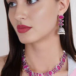 Anouk Rhodium Plated Ruby Pink Crystal And Kempu Stone-Studded Choker Jewelry Set-picture-25