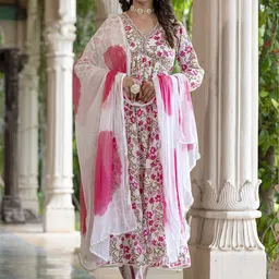 Oash Floral Printed V-Neck Empire Organic Cotton Anarkali Kurta With Trousers & Dupatta-picture-48