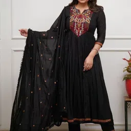 Pantos Women Floral Embroidered Panelled Thread Work Kurta with Trousers & With Dupatta-picture-24