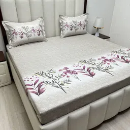 Pure Decor Grey & Purple Floral King Bedsheet with 2 Pillow Covers-picture-34