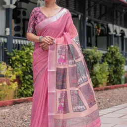 ALMAARI FASHION Floral Printed Zari Pure Linen Banarasi Saree With Unstitched Blouse Piece-picture-18