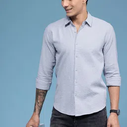 HERE&NOW Slim Fit Seersucker Textured Pure Cotton Casual Shirt-picture-25