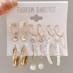 PolluxCraft Set Of 9 Korean Gold Plated Pearls Stones Circular Shaped Hoop Earrings-picture-33