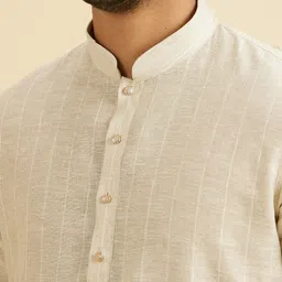 Manyavar Woven Design Mandarin Collar Straight Linen Kurta image 4