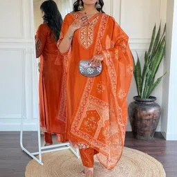 KALINI Floral Embroidered V-Neck Straight Kurta With Trouser And Dupatta image 2