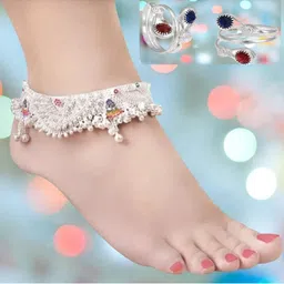 AamNa Enterprises Set Of 2 Silver-Plated Beaded Anklets With Toe Rings-picture-19