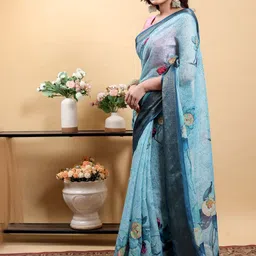 Jinal & Jinal Floral Zari Linen Blend Saree image 4