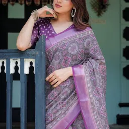 MAHARANI COUTURE Pure Linen Ethnic Motifs Printed Zari Banarasi Saree image 4