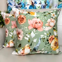 TARA- Sparkling Homes Black & Green Set of 2 Floral Satin Square Cushion Covers image 3