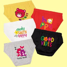 NUSYL Girls Pack Of 5 Cute Teddy & Happy Text Printed Pure Cotton Basic Briefs NUGCBRFPO5.-picture-39