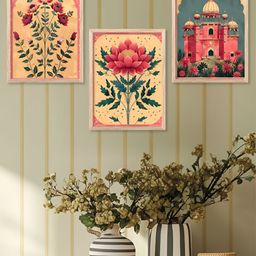 Kotart Brown & Pink 3 Pieces Floral Printed Wooden Wall Arts-picture-11