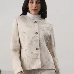 Globus Women Off White Round Neck Long Sleeves Abstract Print Winter Wear Overcoat-picture-14