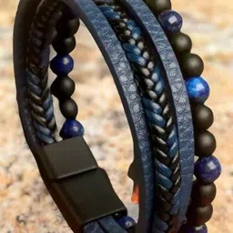 jewelgenics Black Blue Leather Braided Magnetic Clasp Leather Bracelet For Men-picture-22