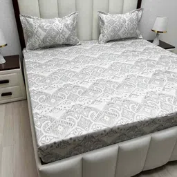 Pure Decor Grey & White Ethnic Motifs Pure Cotton 400 TC Queen Bedsheet 2.28 m x 2.54 m-image-94