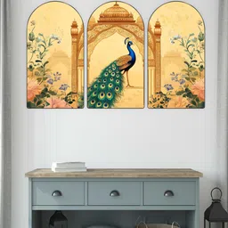 Myntra Elegant Homes Set Of 3 Yellow MDF Birds and Animals Royal Peacock Wall Art image 3