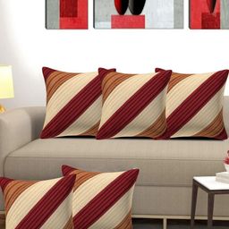Creeva Red & Off White 5 Pieces Striped Silk Square Cushion Covers-picture-16