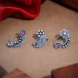 NAMAN ARTS Set Of 3 Silver-Plated Artificial Stones Studded Maharashtrian Stud Nosepins-picture-17