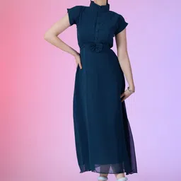Raiyani Fashion Solid Mandarin Collar Bow Detailed A-Line Midi Dress-picture-22