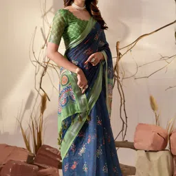 Jinal & Jinal Floral Printed Woven Design Zari Border Pure Linen Saree-picture-15