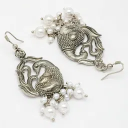 ZENEME Silver-Plated Peacock Shaped Pearls Beaded Oxidized Drop Earrings image 2