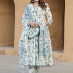 TRAHIMAM Women Ethnic Motifs Printed Regular Pure Cotton Kurta & Trousers With Dupatta-picture-9
