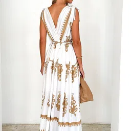 Outzidr Women Printed Plunge Neck Pleated Detail Fit and Flare Maxi Dress image 4