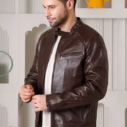 COOL EQUAL Men Leather Water Resistant e-Dry Technology Biker Jacket image 5