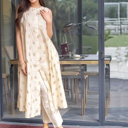 GoSriKi Women Ethnic Motifs Printed Band Collar A-Line Kurta with Trousers-picture-23