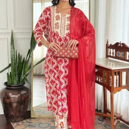 Vishishtah Women Ethnic Motifs Printed Regular Pure Cotton Kurta with Trousers & With Dupatta-image-7