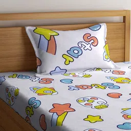 Aura White & Blue Cartoon Characters 350 TC Single Bedsheet with 1 Pillow Covers image 5