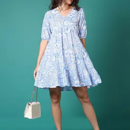 V-Mart Ethnic Motifs Print Puff Sleeve Layered Fit & Flare Dress image 3