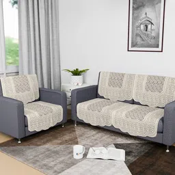 Aura Cream Ethnic Motifs Printed 3 Seater Cotton Sofa Cover-image-40