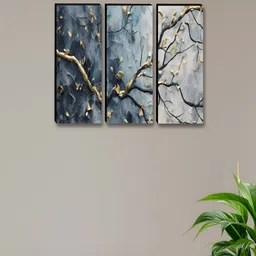 SAF Grey & Beige 3 Pieces Stem Printed Wall Paintings image 2