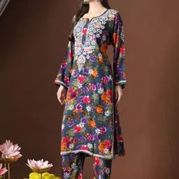 Syrish Floral Printed Round Neck Straight Chikankari Kurta With Trousers image 2
