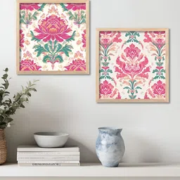 WALLLANE Brown & Pink 2 Pieces Floral and Botanical Madhubani Wooden Wall Art-image-72