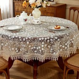 TANLOOMS Cream Floral Embroidered 4 Seater Round Table Cover-picture-8