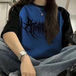 sixteenlines Women Printed, Solid Round Neck Reversible Cotton Blend Blue T-Shirt image 2