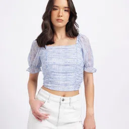 glitchez Floral Print Puff Sleeve Smocked Crop Top With Ruched Details image 3
