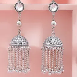 Rubans Oxidised Silver-Plated Long Dome Jhumka Earrings with White Stone & Chain Tassels image 4
