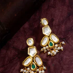 Anouk Gold Plated Artificial Stones Studded & Beaded Geometric Drop Earrings-image-42