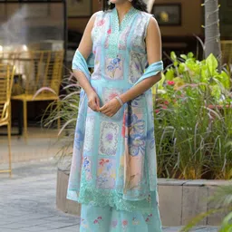AARAAS Women Floral Printed Regular Thread Work Pure Cotton Kurta with Palazzos & With Dupatta-image-36