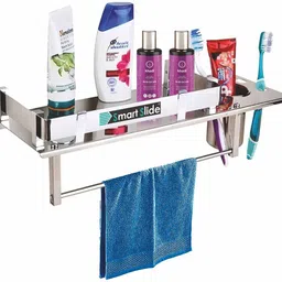 Stainless Steel 3 in 1 Multipurpose Bathroom Shelf/Rack/Towel Hanger/Tumbler Holder/Towel Rod/Bathroom Accessories (15 x 5 Inches) Stainless Steel Wall Shelf-image-24