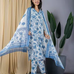 KALINI Floral Printed Pure Cotton Straight Kurta With Trousers & Dupatta image 3