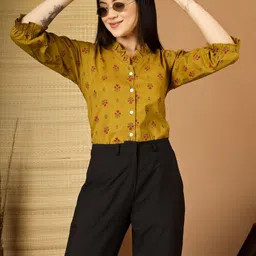 Kinjo Floral Print Mandarin Collar Flared Sleeve Ruffles Cotton Top-picture-36